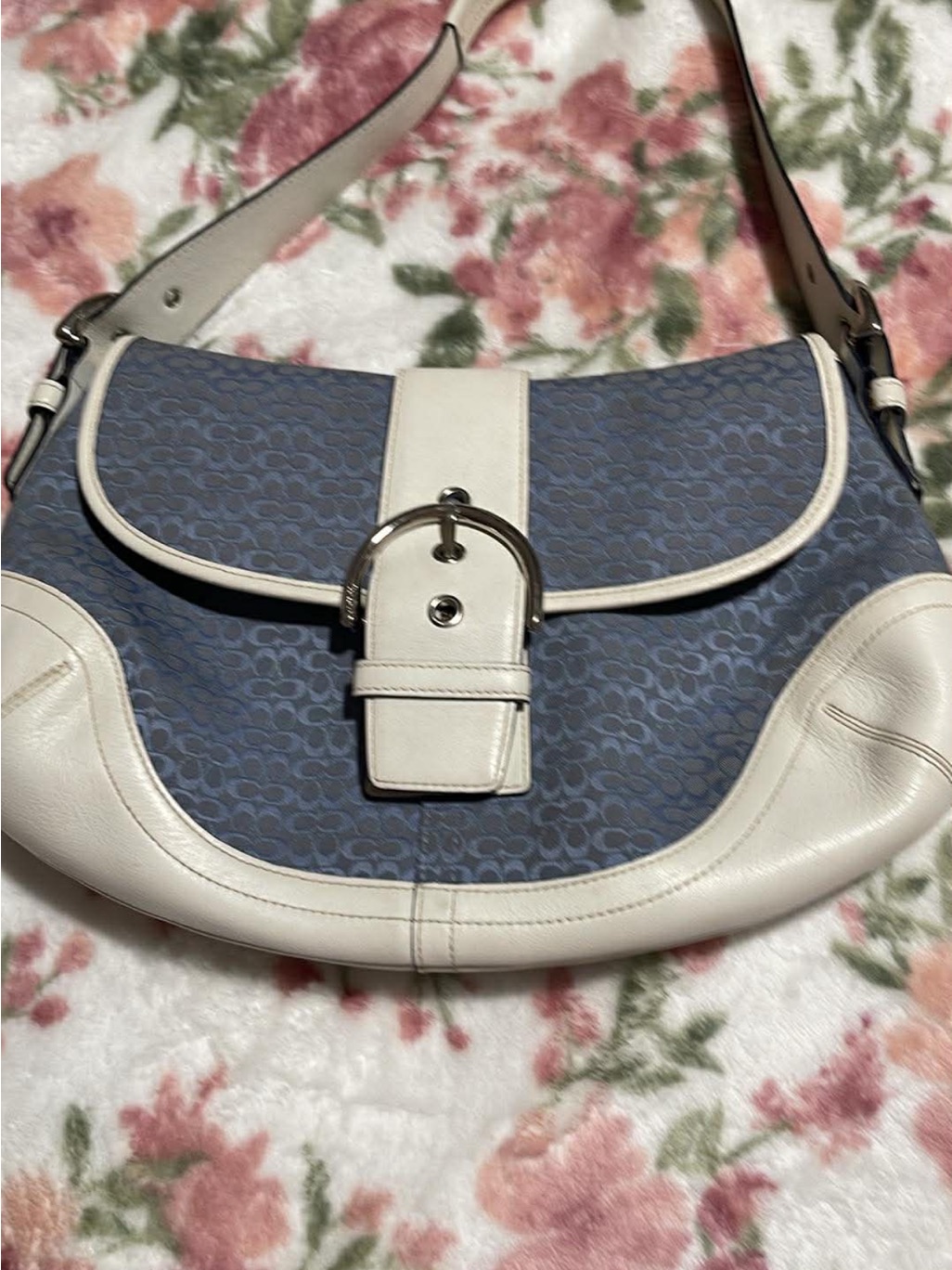 Coach Blue Signature Canvas And White Leather Saddle Bag Large